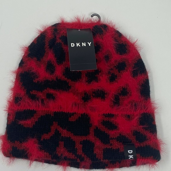 DKNY Womens Fuzzy Knit Scarf and Beanie Hat Set Red Black Animal Print - Picture 4 of 11